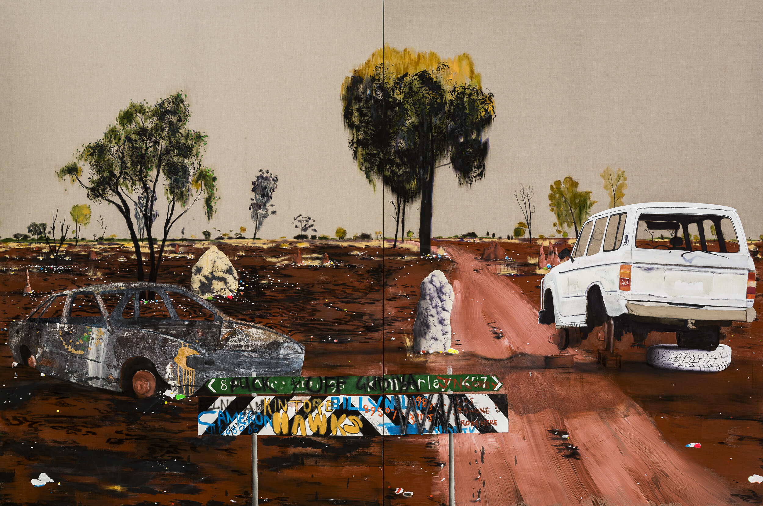 Crossroads, 2019 Acrylic, oil and automotive enamel on canvas 200 x 300cm, dyptich
