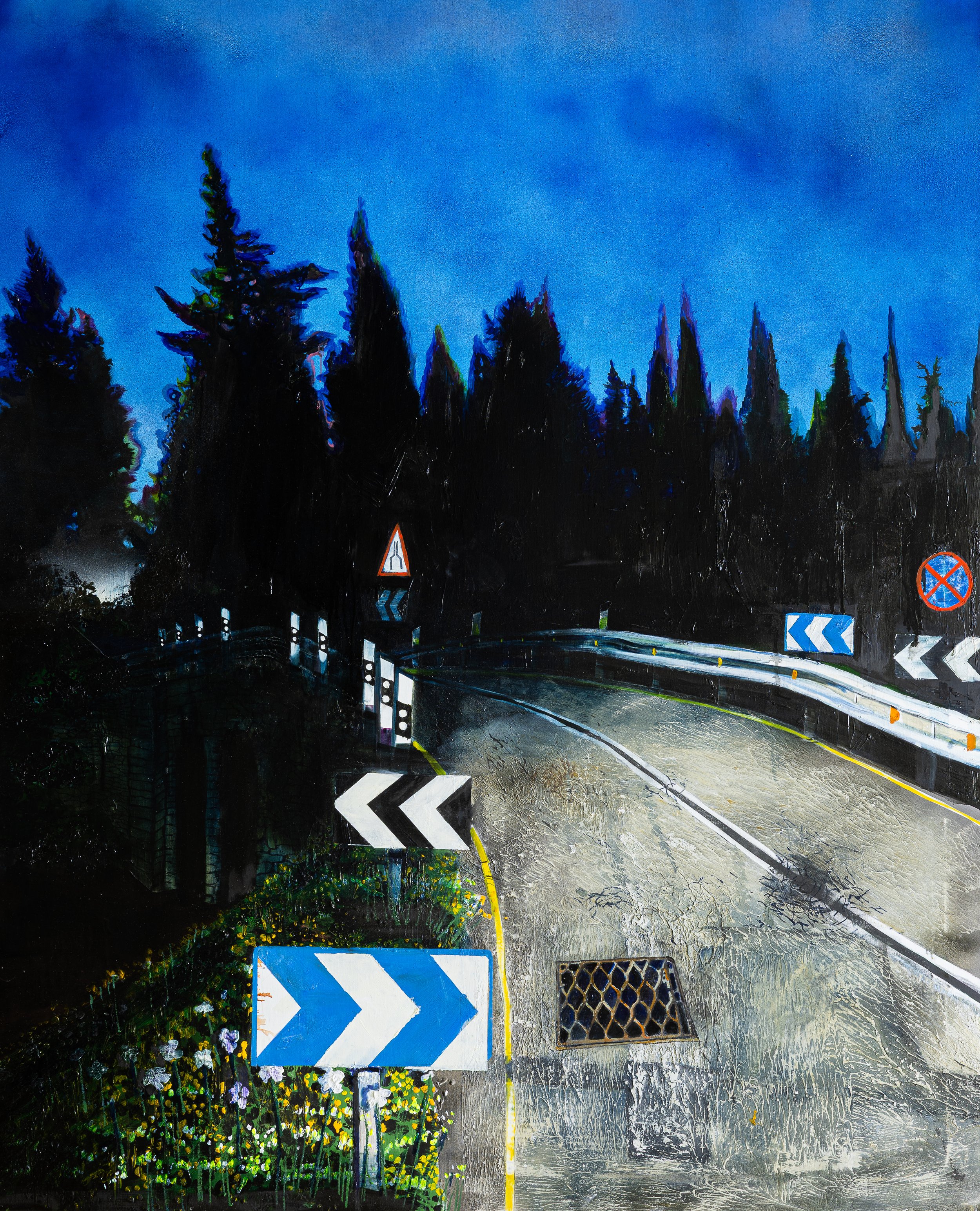 The bridge Ibiza, 2025 Acrylic, oil automotive spray on linen 160 x 130 cm