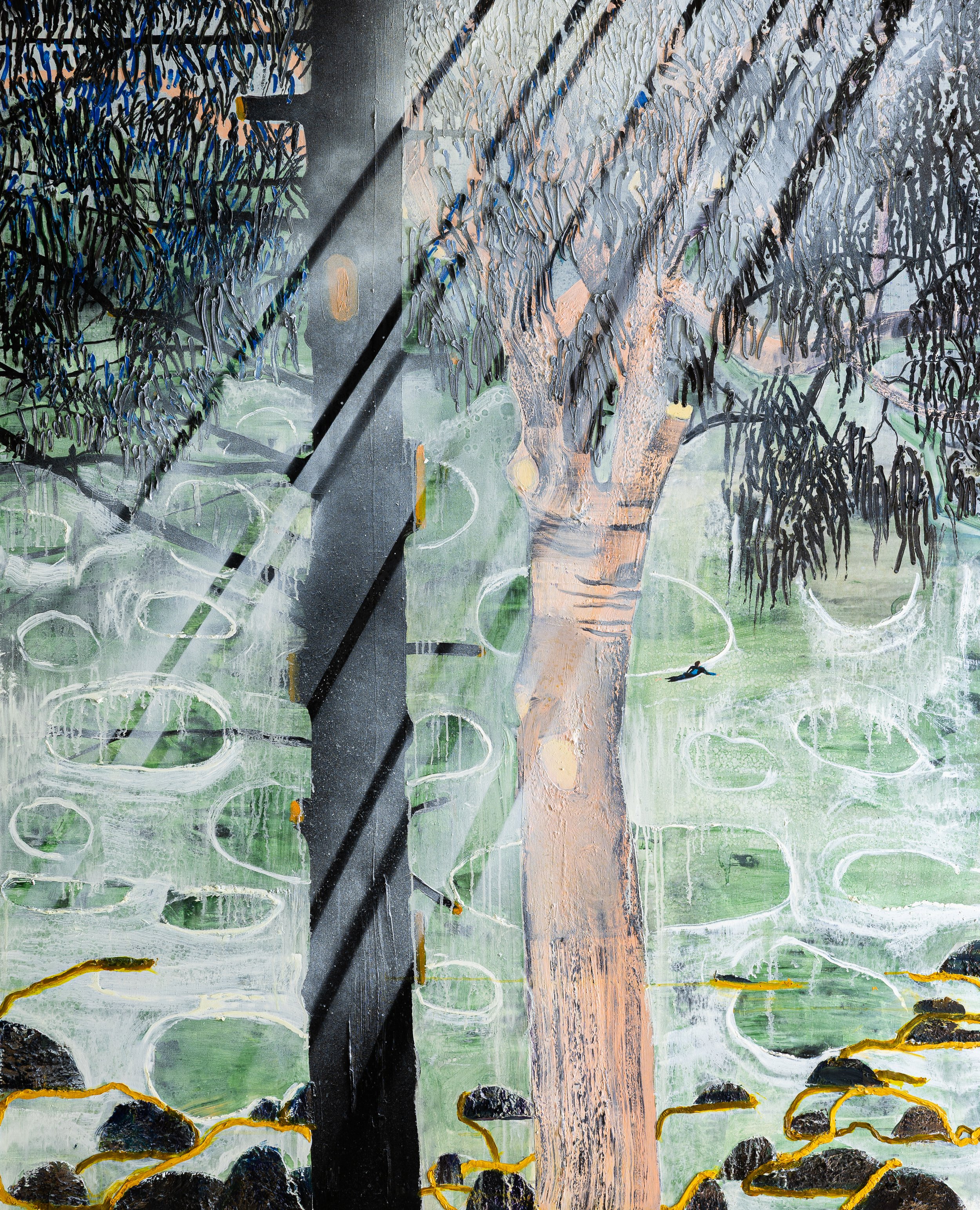 Getting to know one another, 2025 Acrylic, oil automotive spray on linen + collaged linen 160 x 130 cm