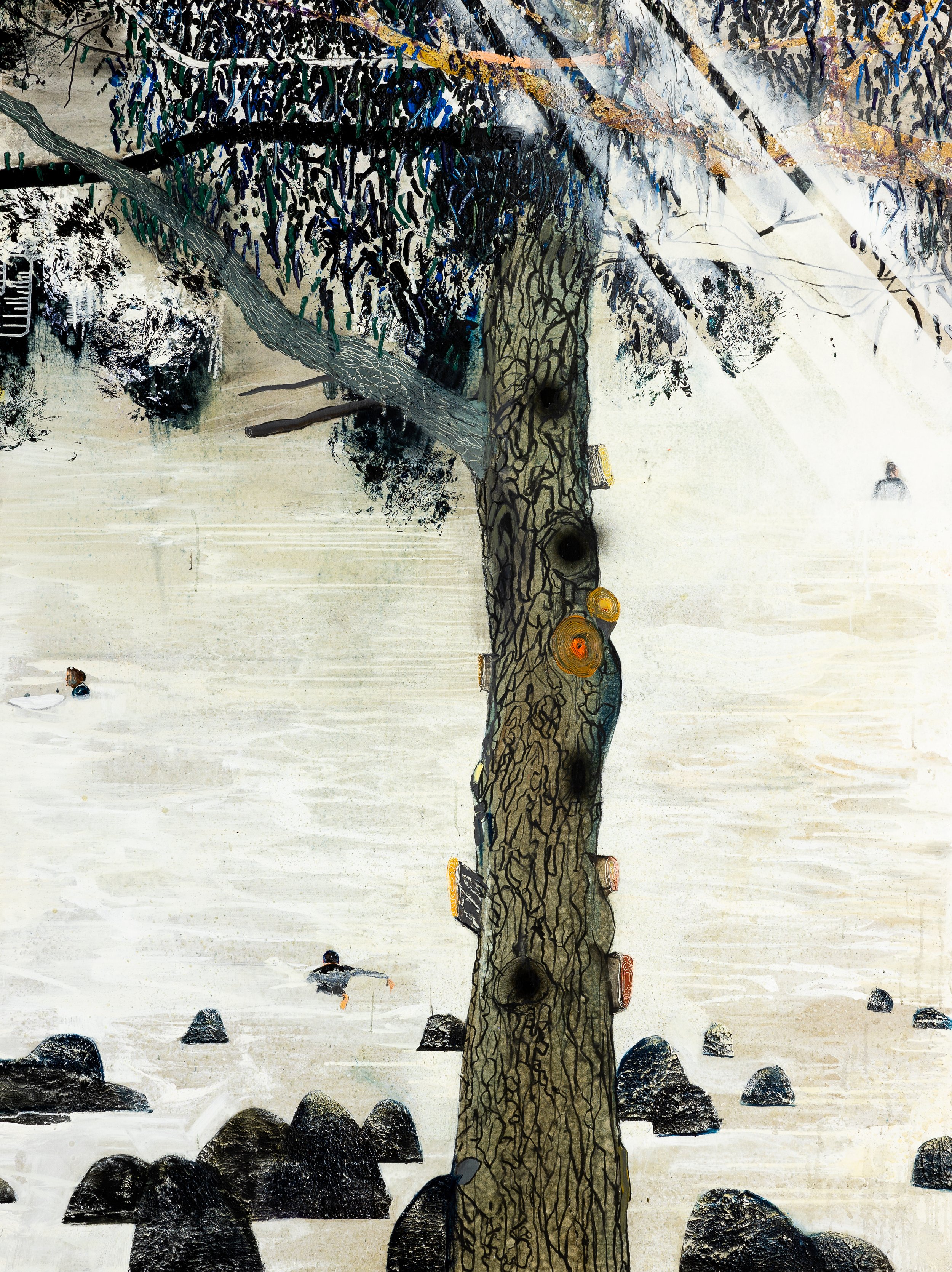 On the rocks, 2023 Acrylic, oil and automotive enamel on linen 200 x 150 cm