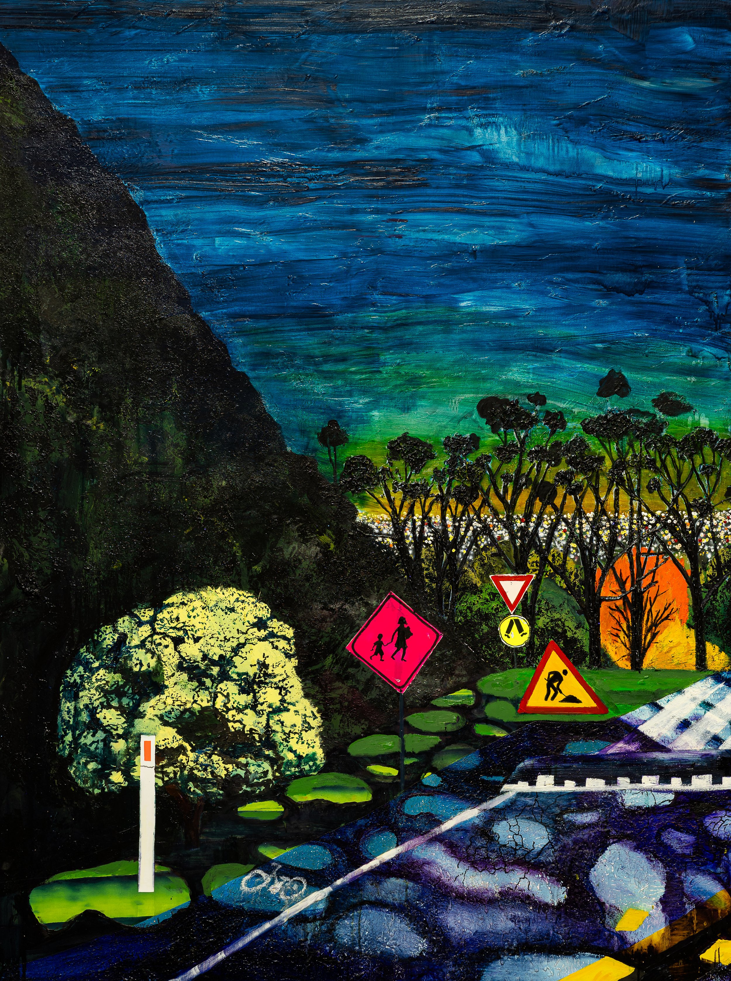 The fall II, 2023-24 Acrylic, oil, automotive enamel, and glitter on linen 200 x 150 cm