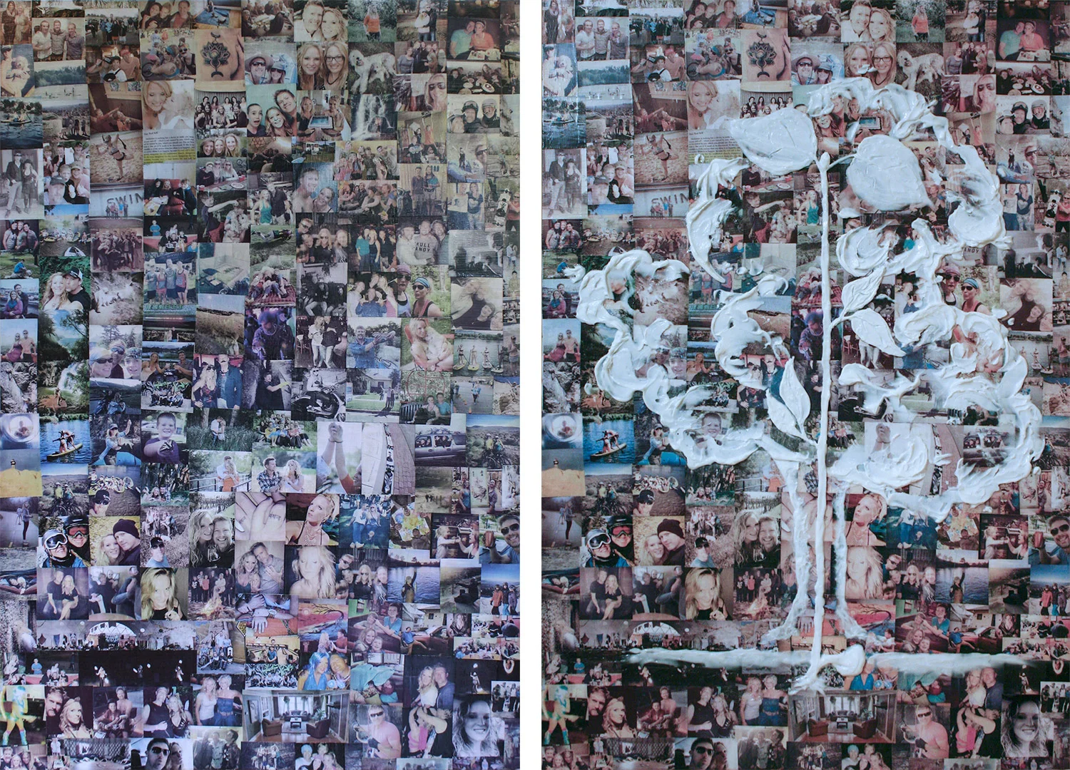Process photo. Left: the composition after finishing the collage. Right: the composition after applying the sculpting texture medium. 