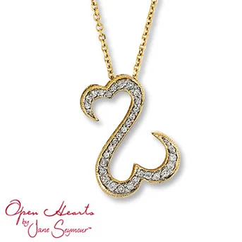 Open Hearts by Jane Seymour® Diamond Necklace Featuring the signature open hearts design sprinkled with brilliant round diamonds for breathtaking style. 1/4 carat total weight. Set in 14K yellow gold.