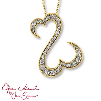 Open Hearts by Jane Seymour® Diamond Necklace Irresistible open hearts of 14K yellow gold are decorated in dazzling round diamonds to create this lovely necklace for her. One carat total weight.