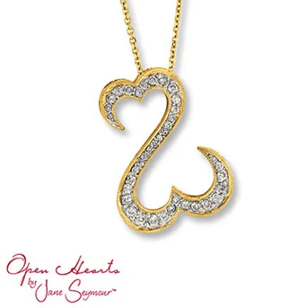 Open Hearts by Jane Seymour® Diamond Necklace The open hearts design with stunning round diamonds in this remarkable necklace for her. Styled in 14K yellow gold. 1/2 carat total weight.