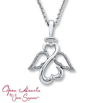 Open Hearts by Jane Seymour® Angel Diamond Necklace Open Hearts form an angel in this inspiring necklace for her. Sterling silver wings feature diamond accents for alluring sparkle. 1/10 carat total weight.