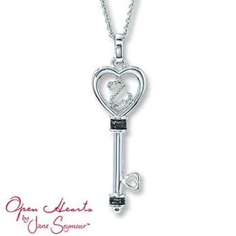 Open Hearts by Jane Seymour® Diamond Key Necklace A heart of sterling silver surrounds a diamond-decorated Open Heart for lovely style. Black diamond accents.