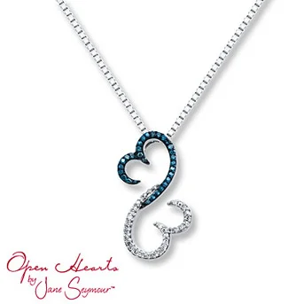 Open Hearts Necklace 1/6 ct tw Diamonds Sterling Silver Blue diamonds are treated to permanently create the intense blue color. Diamond Total Carat Weight may range from .145 - .17 carats.