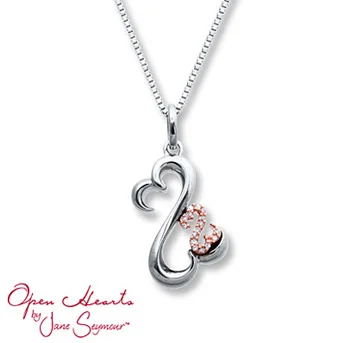 Open Hearts Necklace Diamond Accents Sterling Silver/10K Gold The larger Open Heart is crafted of sterling silver, the smaller Open Heart is styled in 10K rose gold and decorated with diamonds.