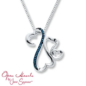 Open Hearts Family Blue/White Diamonds Sterling Silver Necklace Blue Diamonds are treated to permanently create the intense blue color. Diamond Total Carat Weight may range from .065 - .08 carats.