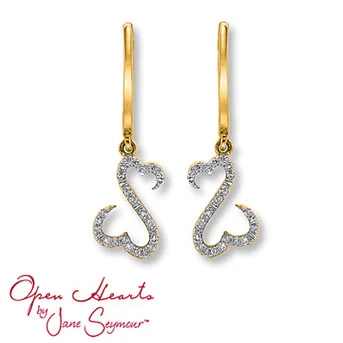 Open Hearts by Jane Seymour® Diamond Earrings Each of these captivating earrings feature Jane Seymour's signature open hearts design. The open hearts are awash with stunning round diamonds for exceptional brilliance. Set in 14K yellow gold. 1/10 carat total weight.