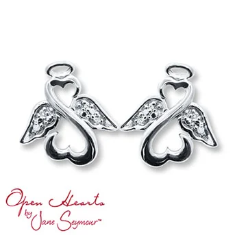 Ope n Heart Angel Earrings Diamond Accents Sterling Silver The iconic Open Hearts design forms an adorable angel in each of these earrings from the Open Hearts by Jane Seymour® collection. Diamond-decorated wings and a sterling silver halo complete the heavenly look. The earrings are secured with friction backs.