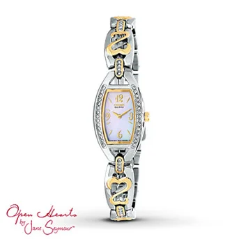 Open Hearts by Jane Seymour® Citizen Watch From the Open Hearts by Jane Seymour® collection! Featuring a contemporary tonneau bezel, elegant white mother-of-pearl dial and two-tone stainless steel case and bracelet. Eye-catching Open Hearts dance along the bracelet for undeniable style.