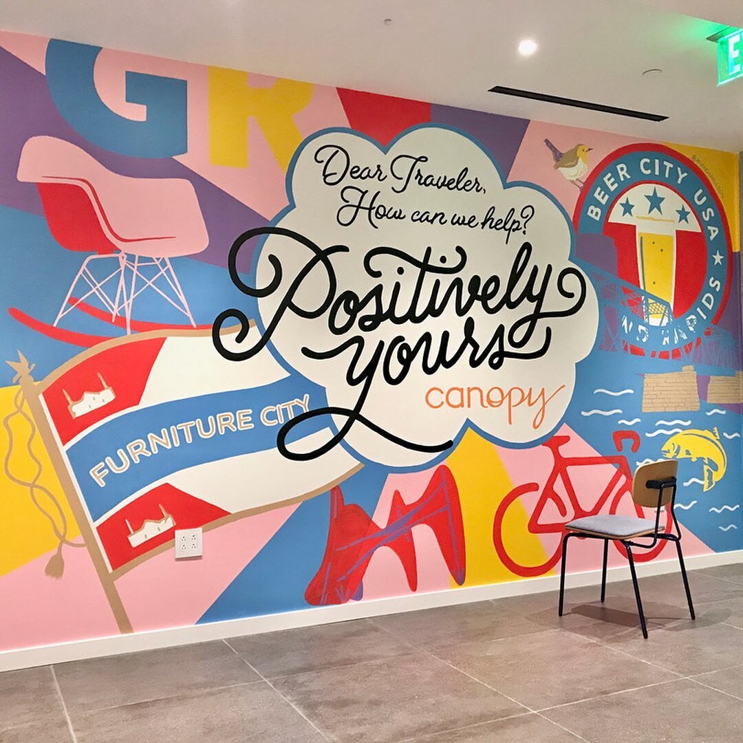 This past summer, @canopygrandrapids, a new Hilton hotel, asked me to design a mural that represented the city of Grand Rapids. This is a request that I get often, and I take the time to do the research and get the details right. For this one, I took