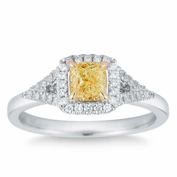Cushion Cut 0.70 ct VS2 Clarity, Fancy Yellow Diamond Platinum 0.87 ctw Ring .jpeg