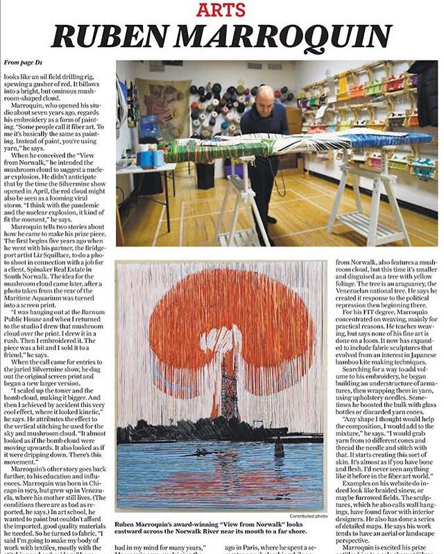 Thank you so much to the Connecticut Post for this front page feature in the Sunday Arts &amp; Style section! &ldquo;View from Norwalk&rdquo; embroidery on linen, 35&rdquo;x 48&rdquo; is now on view virtually at @silverminegalleries exhibition #fiber