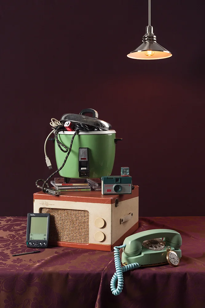 "Tech Vanitas" still life photography presenting technology in the style of Dutch vanitas paintings.