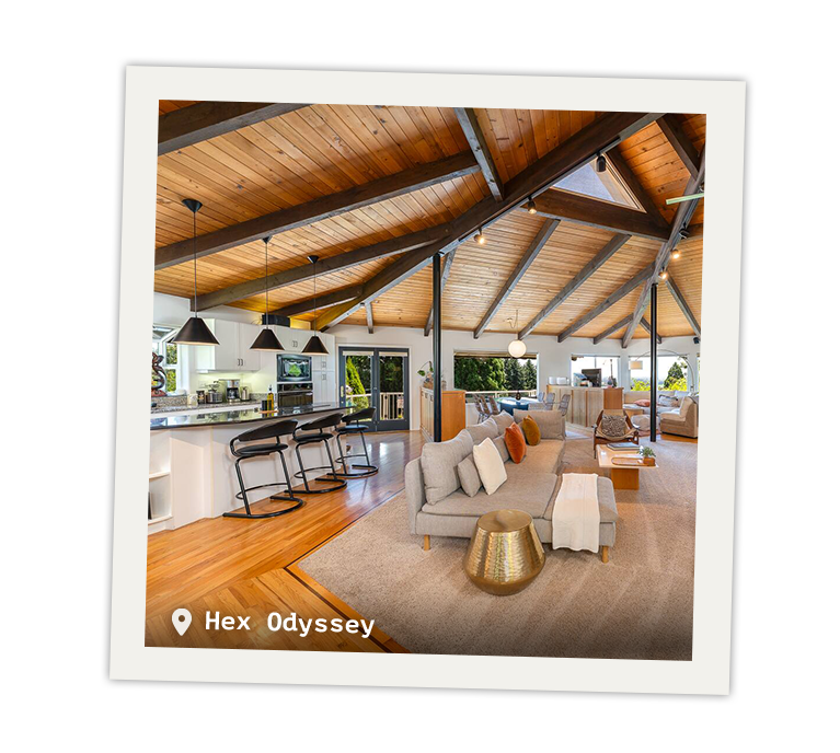 Interior view of the Hex Odyssey living room and kitchen bar area.