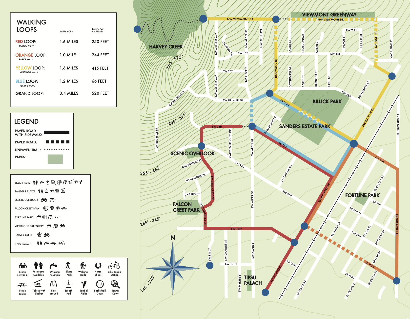 A map showing the town of Dundee and the walking loops and distances with colored lines.