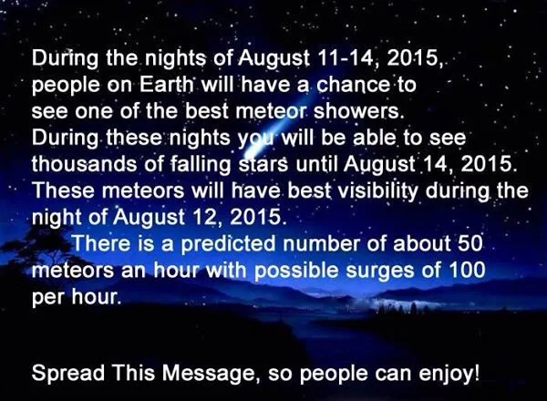  On Facebook via Crystal Johnson Another reason to stay up late this week. We are so lucky to be in a place dark enough to see the stars!