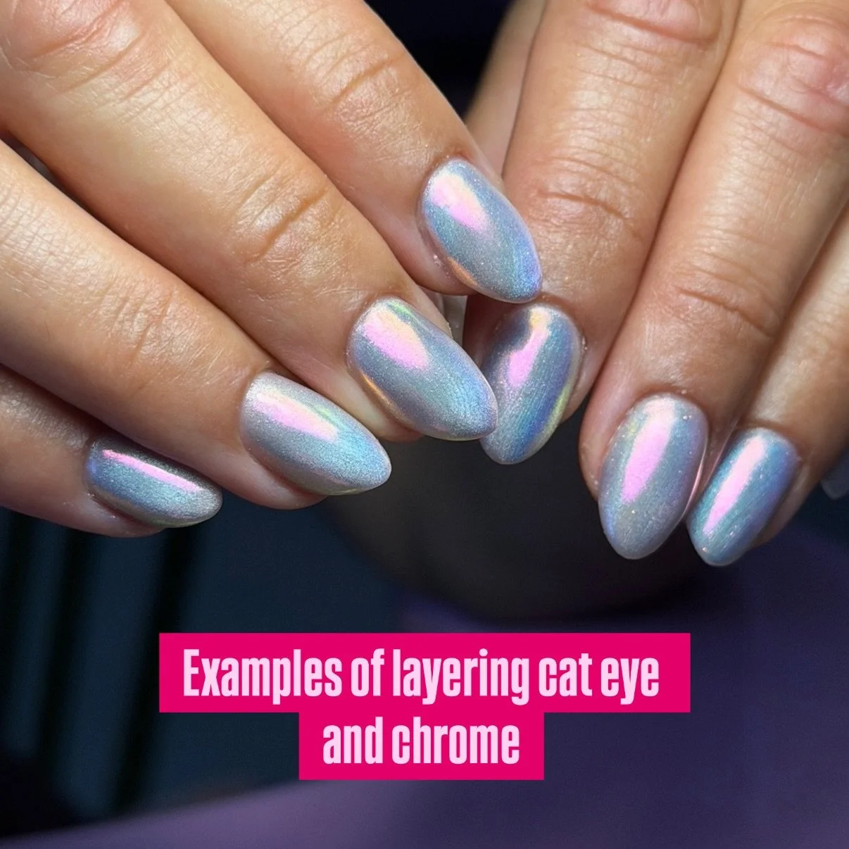 To level up on your shine, ask for a layer of chrome with your cat eye. The effect is endorphin RICH 
To book, add level 2 to your gel manicure of choice 🤩