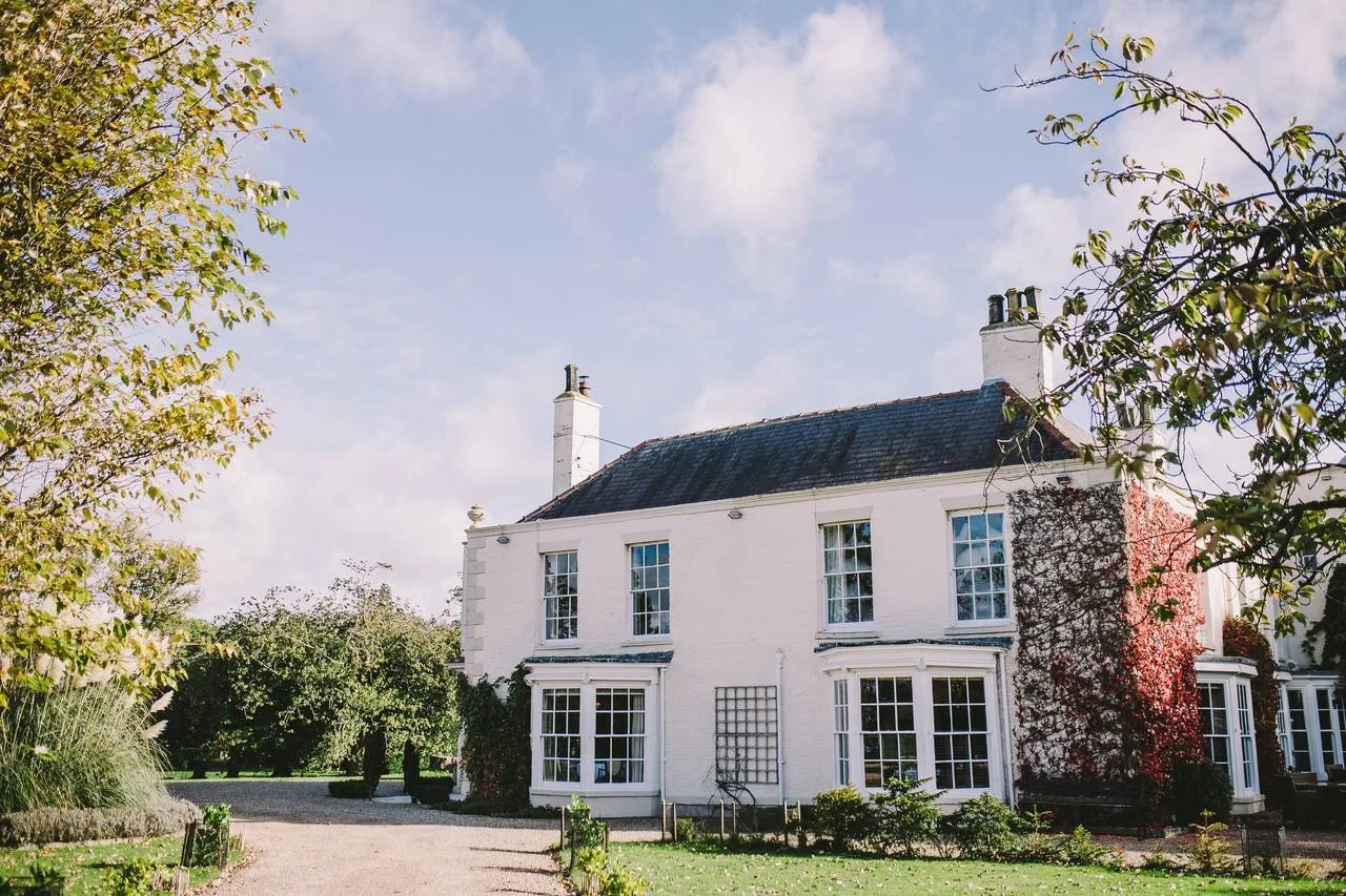 Front view of Tickton Grange Hotel near Beverley, showing the white country house, gardens and traditional Georgian architecture