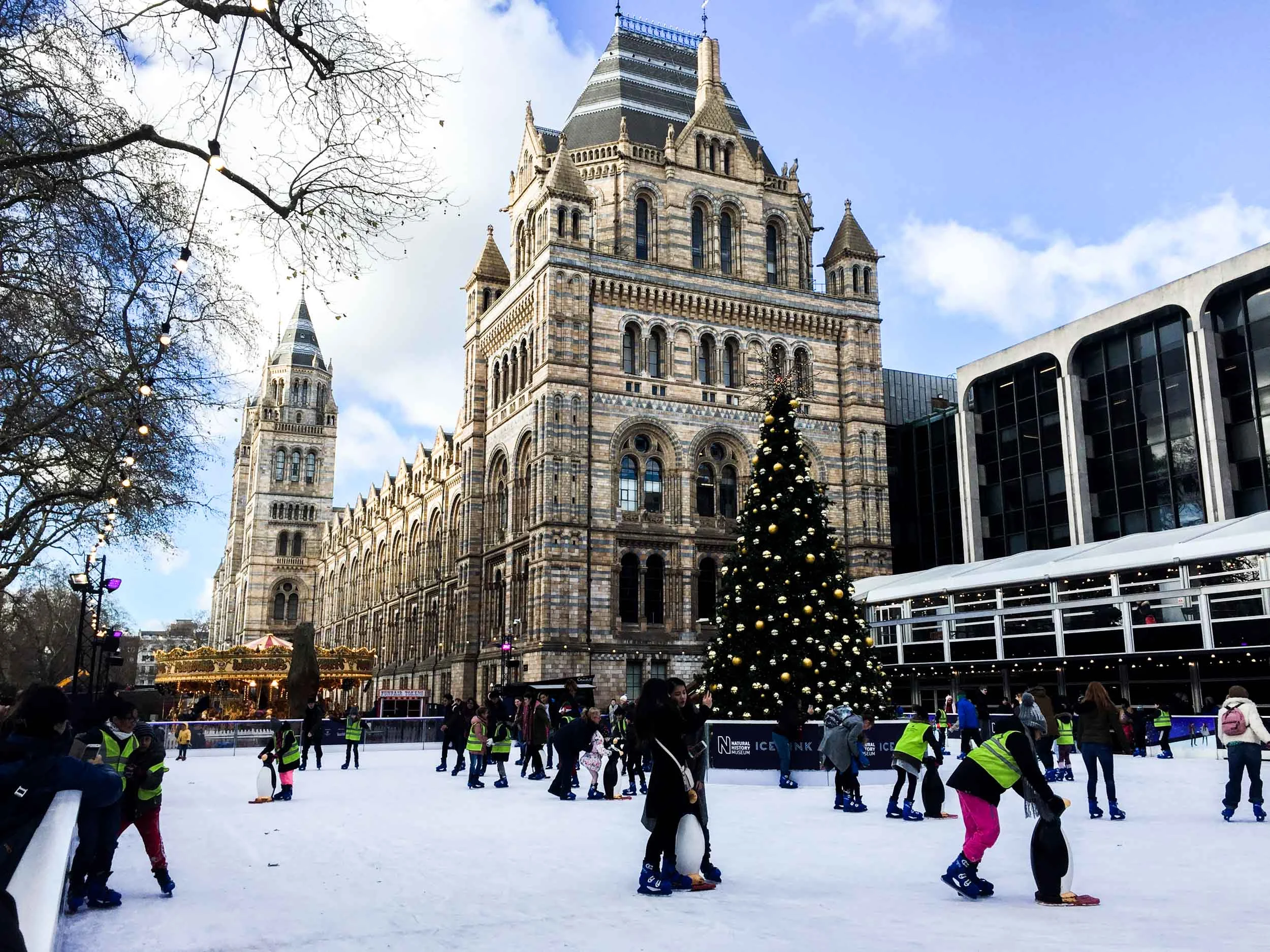 Ice skaters at the Natural History Museum, London.
