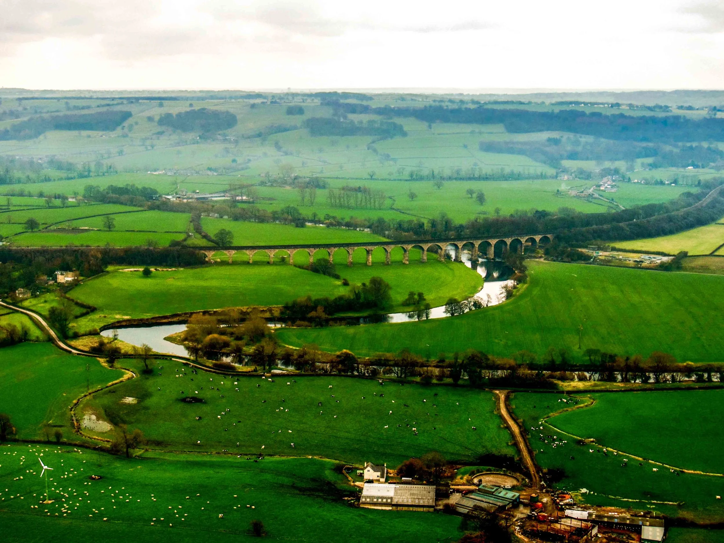 View over the Yorkshire Dales and viaduct, taken from a helicopter.