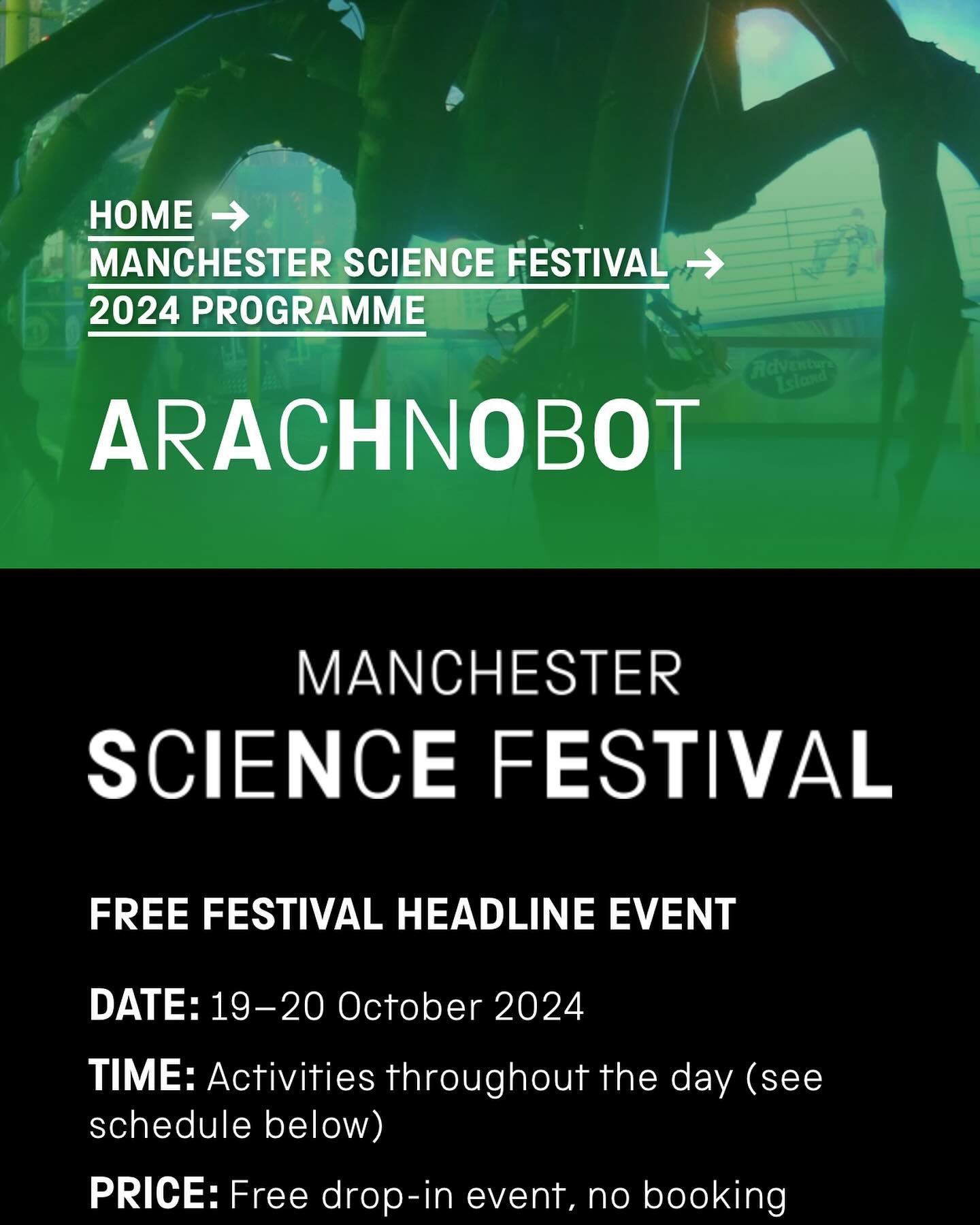 Catch Arachnobot performing at the Arndale shopping centre today for #manchestersciencefestival next shows 1:30 / 3:00 / 4:30