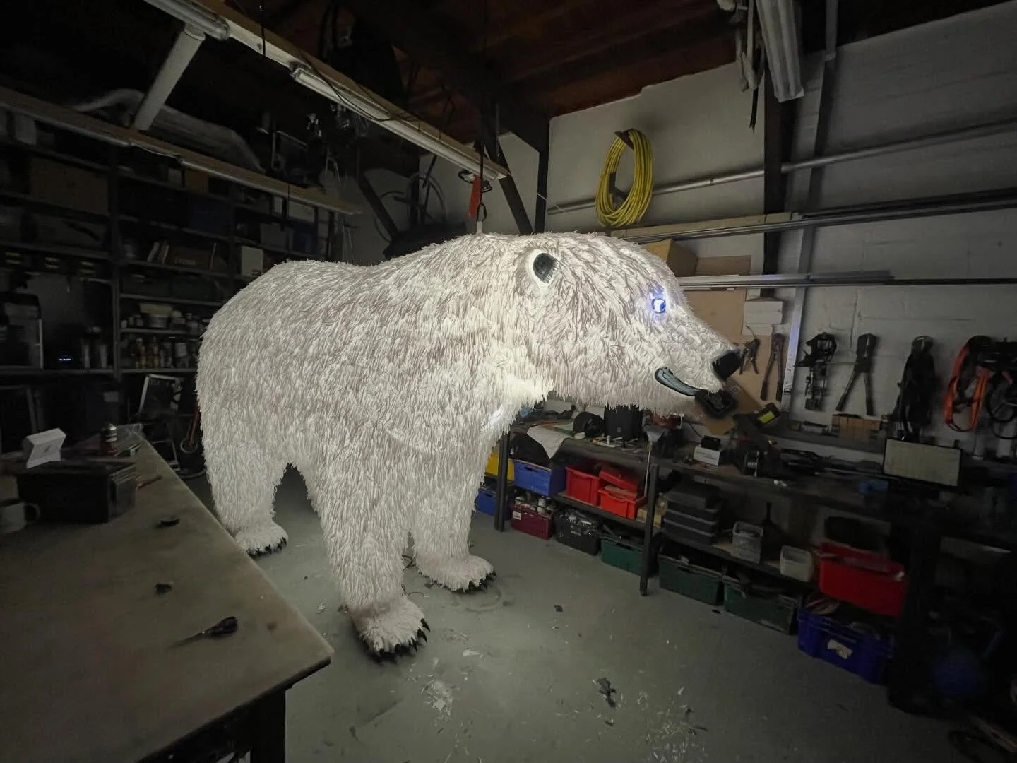 Little sneaky preview of the new bear whilst it&rsquo;s still in the workshop. 

#polarbearpuppet #polarbear #illuminatedbear #illuminated