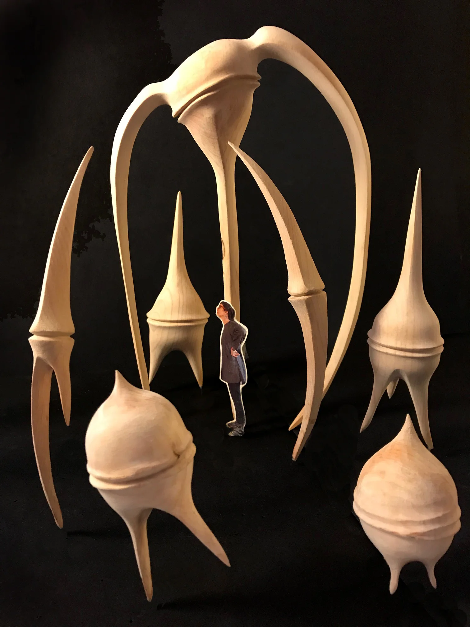 Group of carved wood Ceratium phytoplankton models for large installation. This is about 13" h.