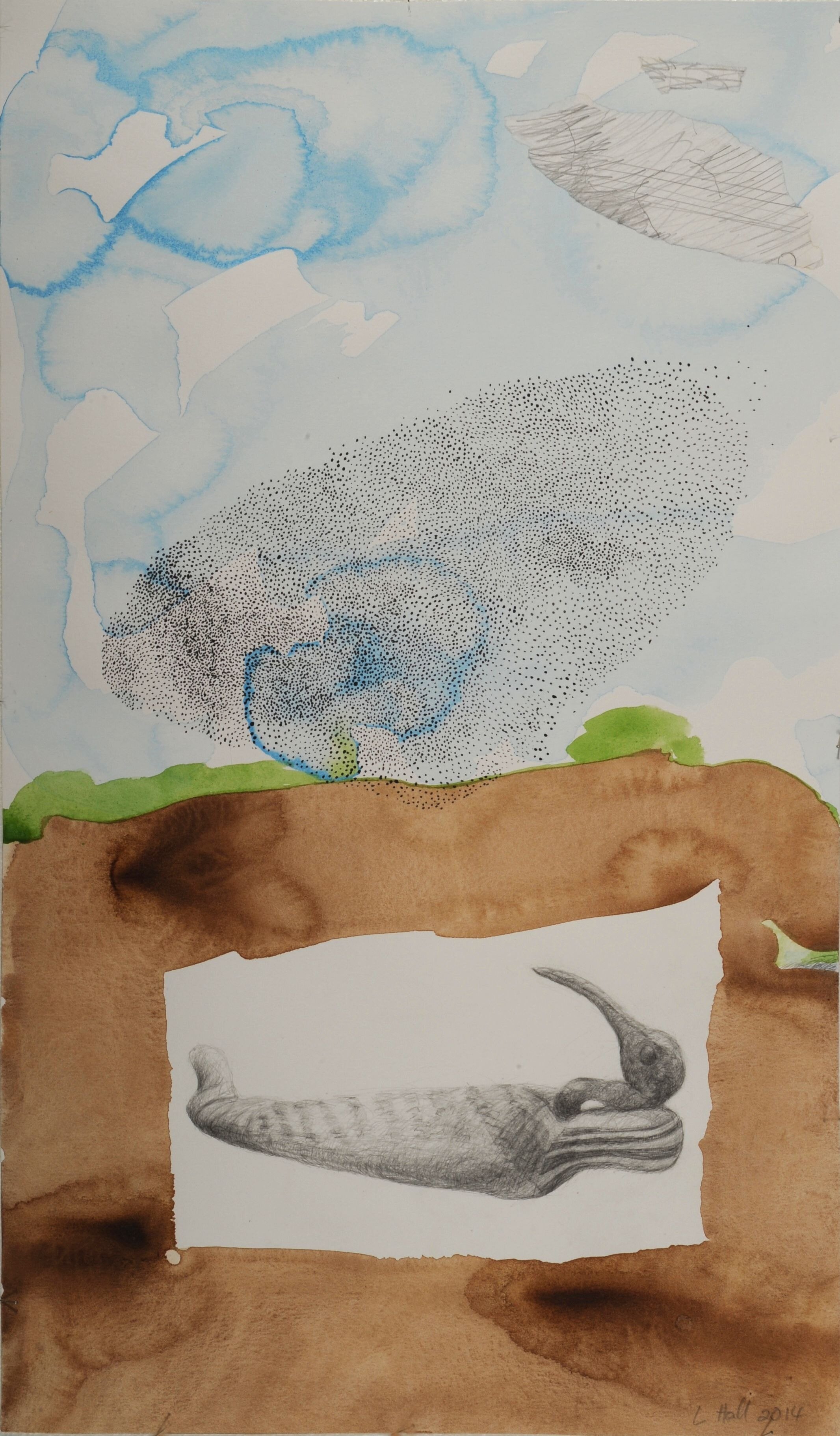 Landscape with Murmuration and Bird Mummy 2014 mixed media on Fabriano 38 cm x 65 cm.jpg