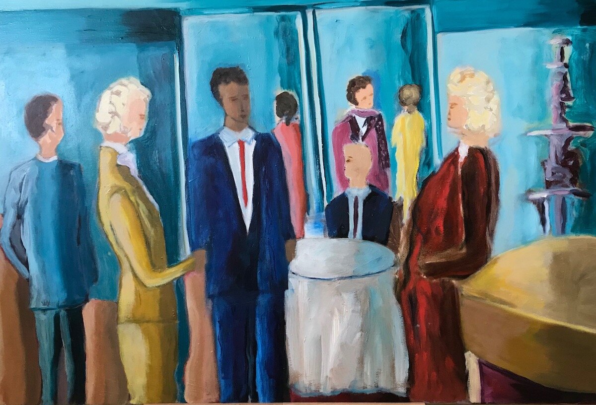 Rosa_Alfaro Carozzi, The Business Meeting at Time Warner, Jazz,NYC,2019 , 36%22 X 24%22, oil on canvas , 2019 .jpeg