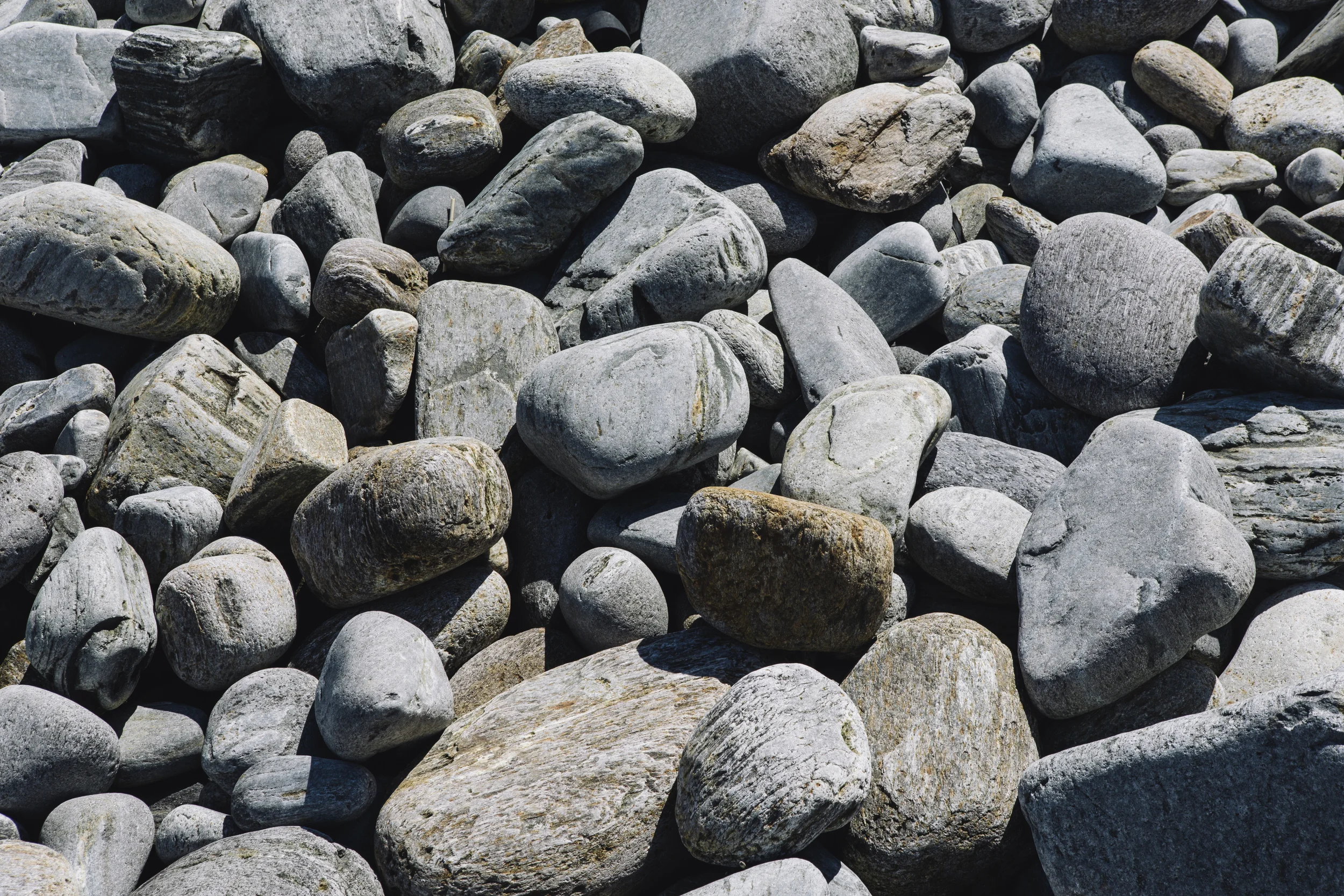 Close-up of various smooth gray and brown rocks and stones on a beach.