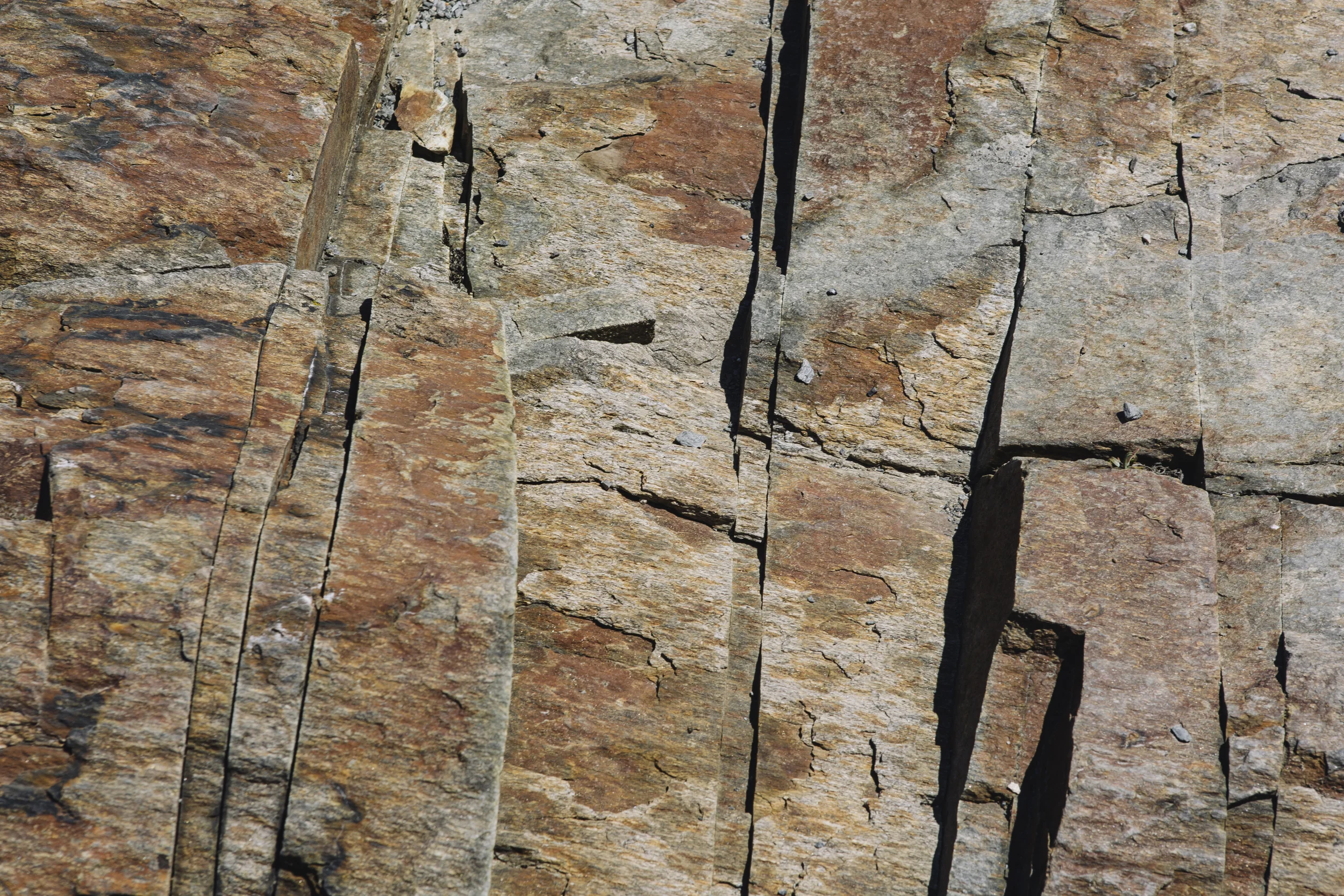 Close-up of textured, layered rock surface with cracks and variations in color, predominantly shades of brown and gray.