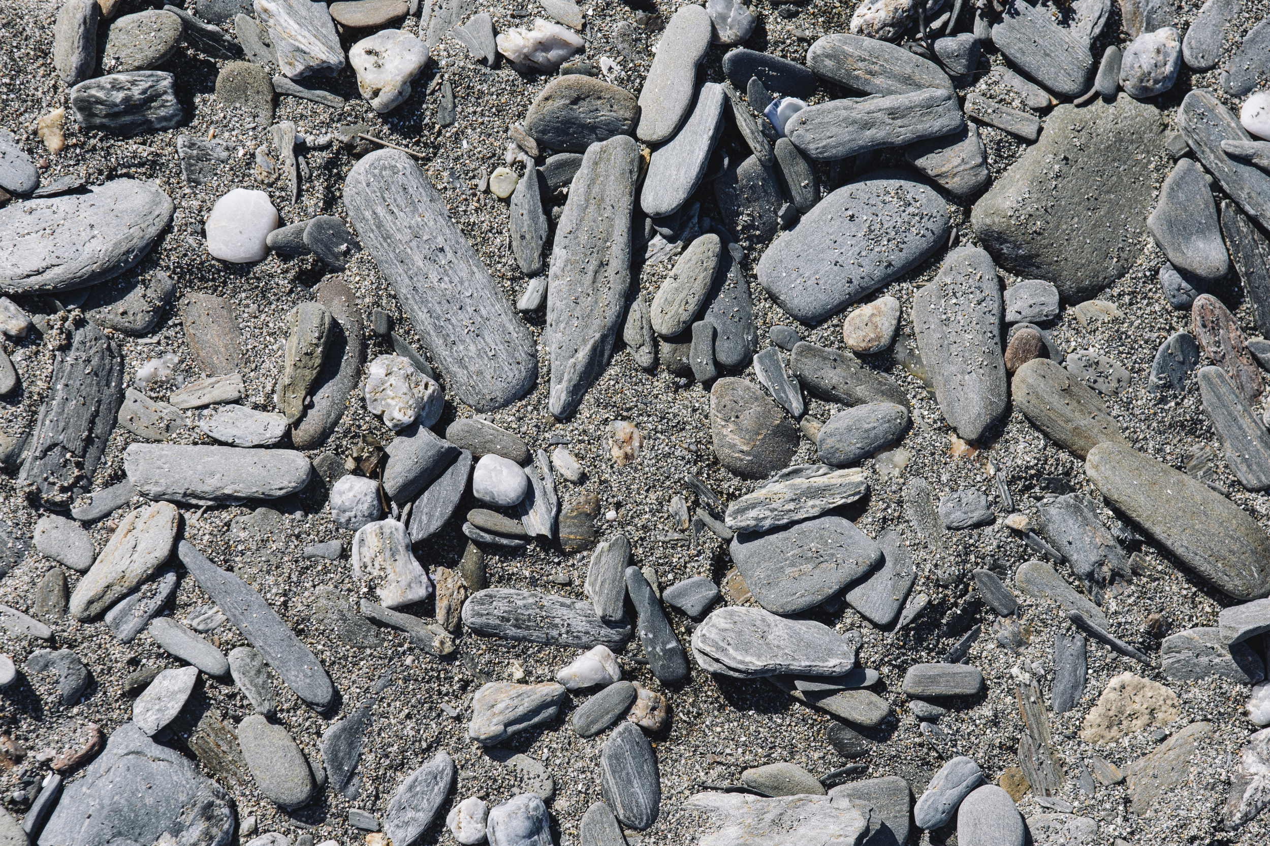 Close-up view of a sandy surface covered with various small and medium-sized gray and white rocks and pebbles.