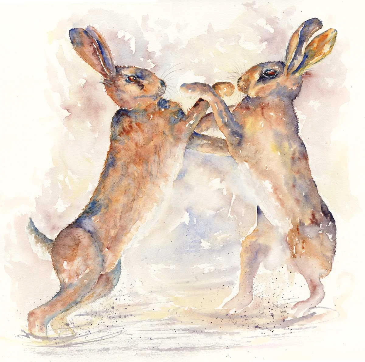 117 Boxing Hares 14x14