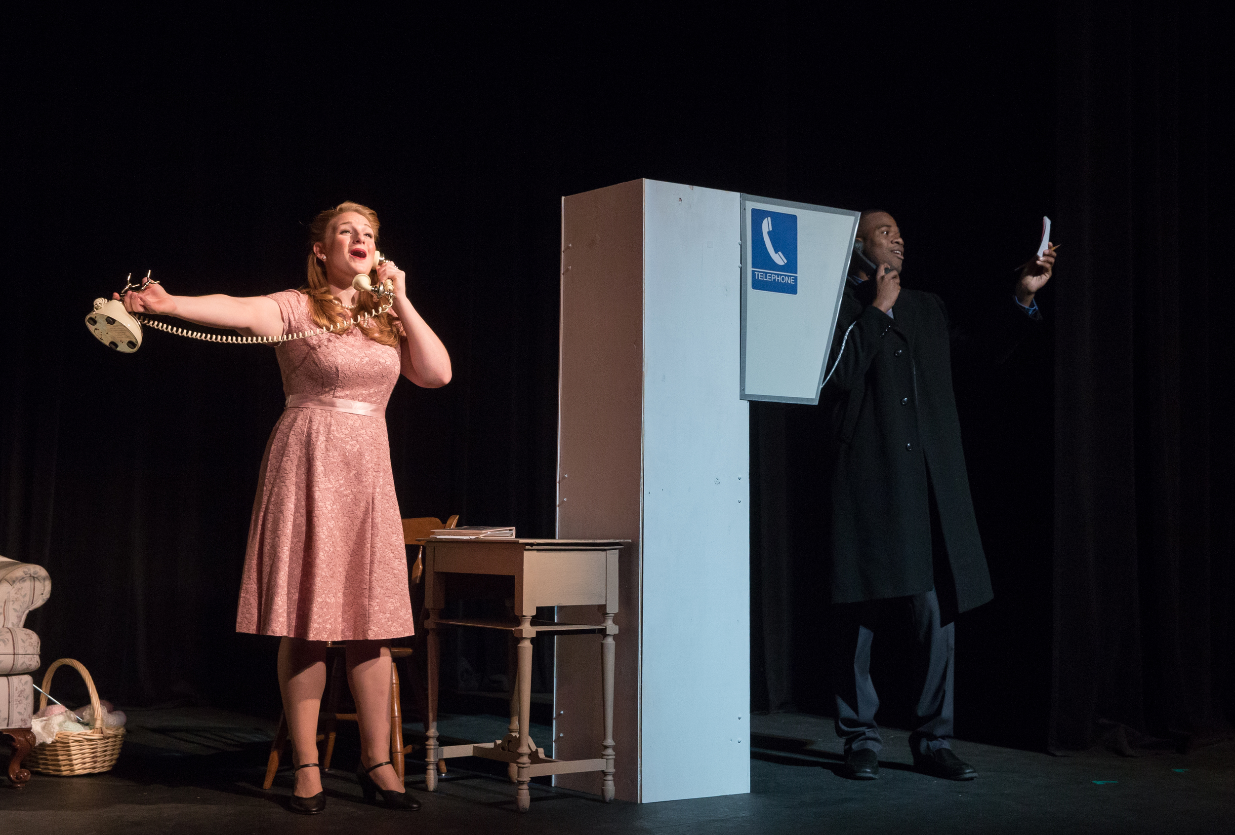  Lucy in  The Telephone.  With Michael Lowe as Ben.&nbsp;Photo cred: Kelly Hicks 