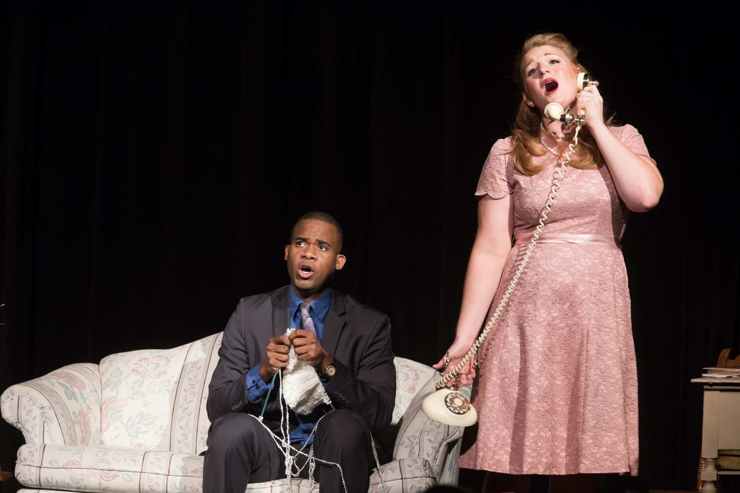  Lucy in  The Telephone.  With Michael Lowe as Ben.&nbsp;Photo cred: Kelly Hicks 