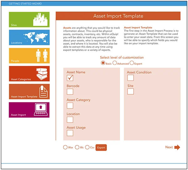  Asset Import Template page for the Getting Started Wizard 