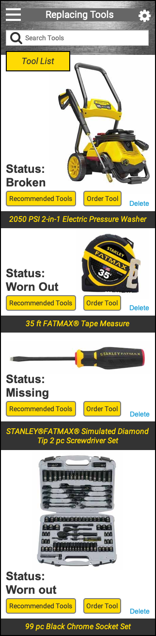  Displays what tools need to be replaced and the status of the tool. It gives the user an option for recommended tools and to order a tool.    