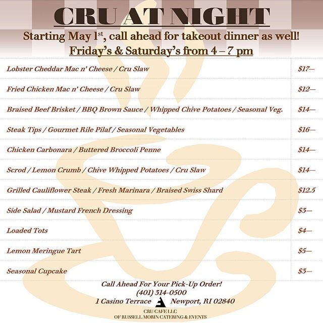 Starting May 1st, on Friday&rsquo;s &amp; Saturday&rsquo;s from 4-7 pm, we will be taking dinner orders! Check out our new dinner options! 🍽 #CruAtNight #Newport