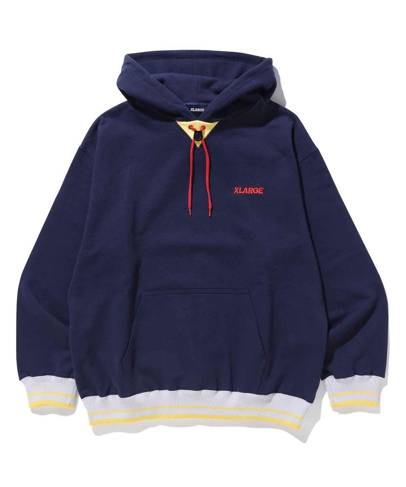 STRIPE RIB PULLOVER HOODED SWEAT | NAVY