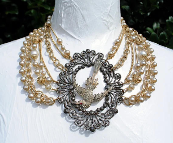 adorn by samouce_Victorian French cut steel art deco rhn bird faux pearl necklace2.jpg