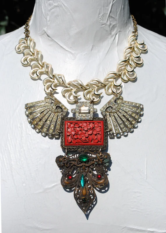 adorn by samouce_Victorian brass filigree fleur de lis carved cinnabar art deco rhn clam shell necklace.jpg
