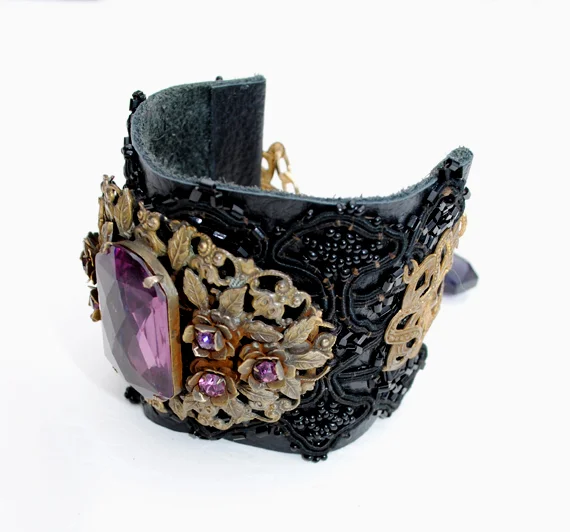 adorn by samouce_Victorian jet rhn beaded brass filigree amethyst glass brooch cuff.jpg