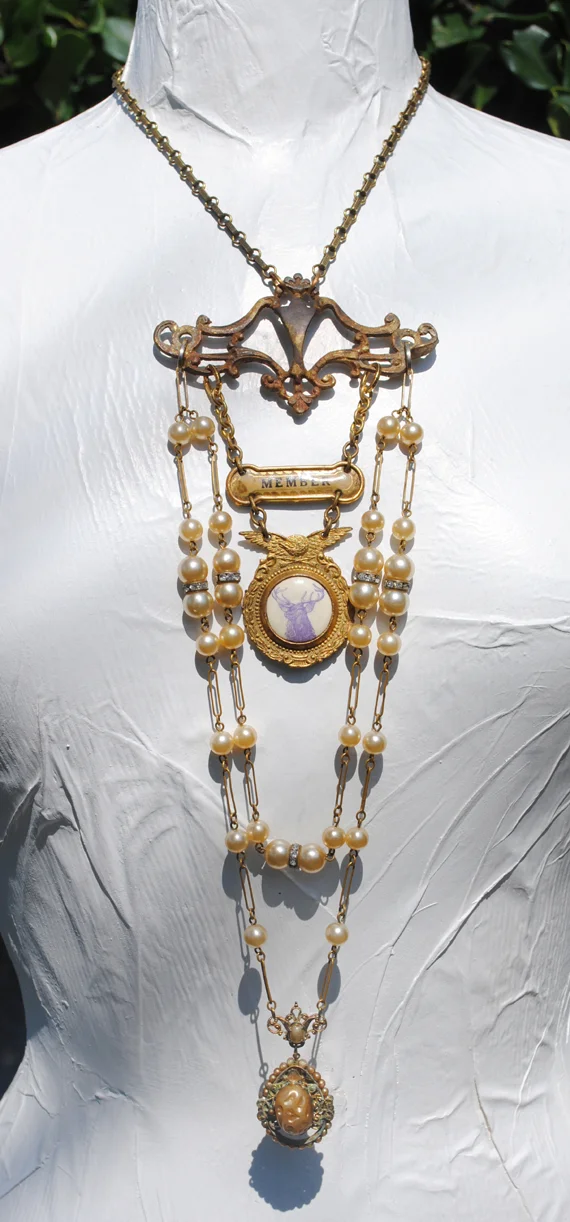 adorn by samouce_antique brass pull plate celluloid lithograph badge faux pearl chain necklace.jpg