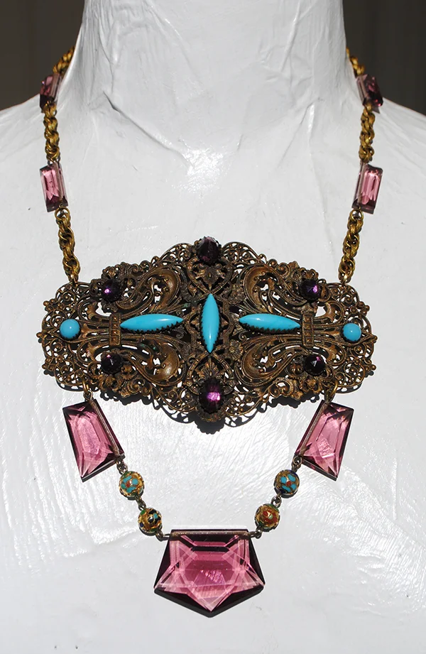 adorn by samouce_Victorian brass filigree Fleur de Lis buckle deco glass cloisonne necklace2.jpg