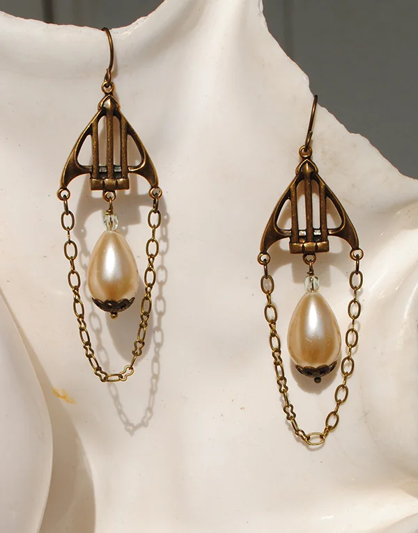 adorn by samouce_Art Nouveau harps faux pearl drop earrings.jpg