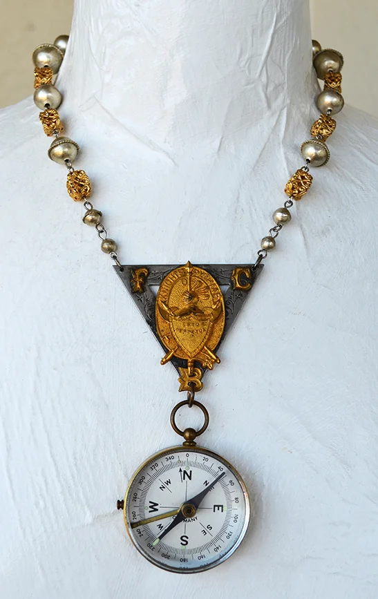 adorn by samouce_antique French brass compass knight pythias mex tin necklace2.jpg